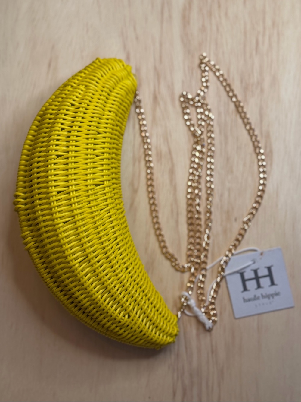 NWT HAUTE HIPPIE Yellow Woven Banana Crossbody Bag and original gold chain